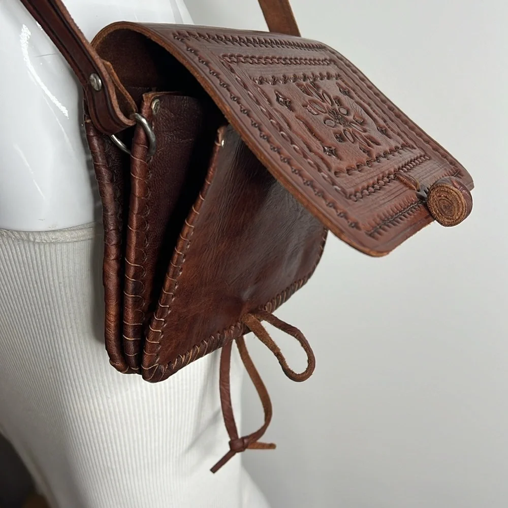 Morocco Sahara Bohemian Hand Tooled Leather Double Compartment Crossbody Bag